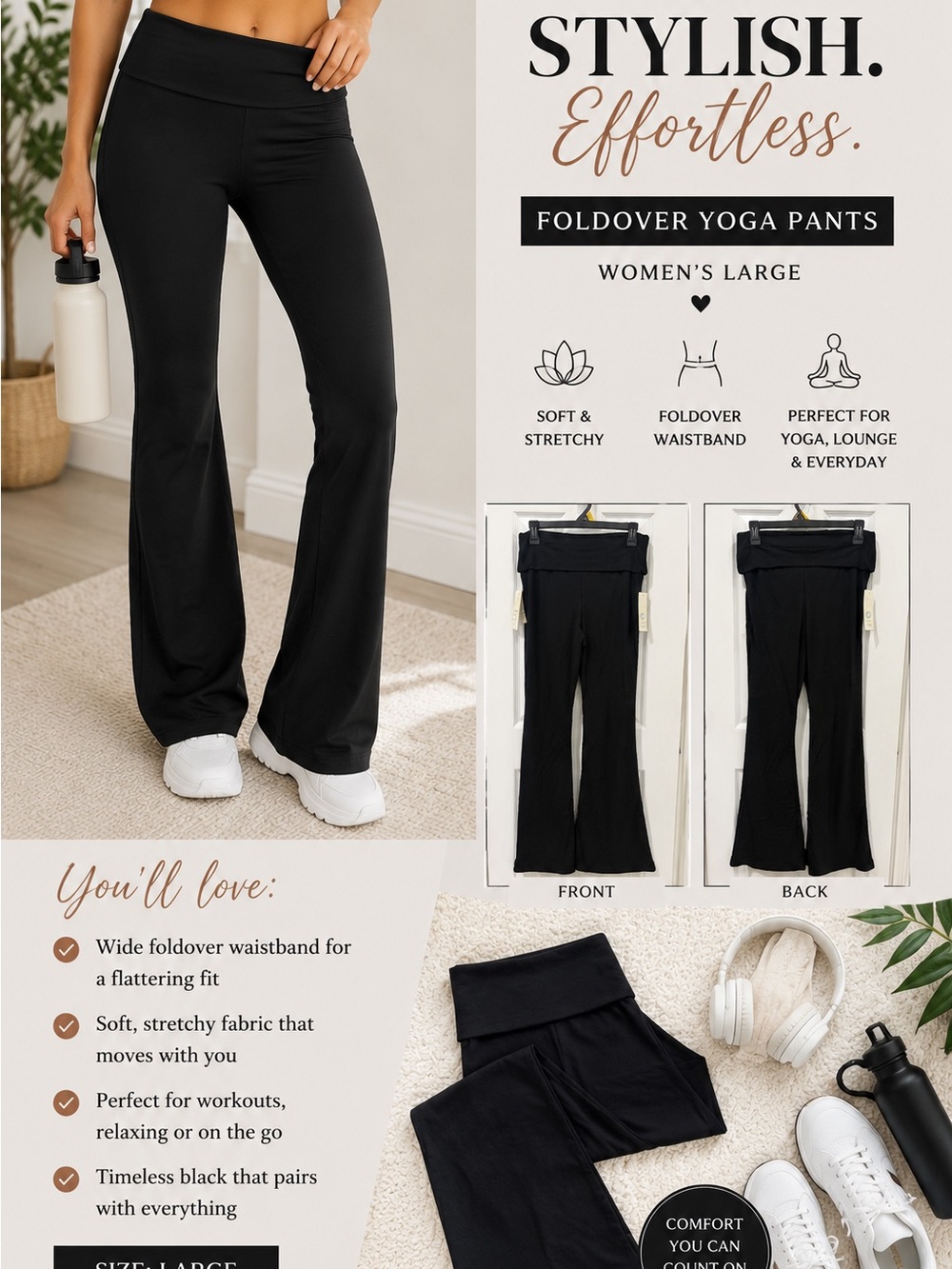 No Boundaries Black Foldover Waistband Boot-Cut Yoga Pants